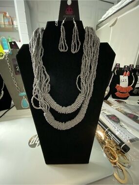 Gray Beaded Multi-Strand Necklace and Earrings Set